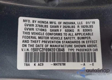 2019 Honda Civic Lx from USA, damaged, VIN 19XFC2F69KE013848